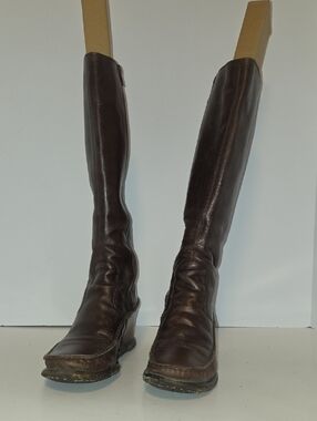 Vintage Brown Leather Knee High Boots Wedge Heel Riding Style Size 6